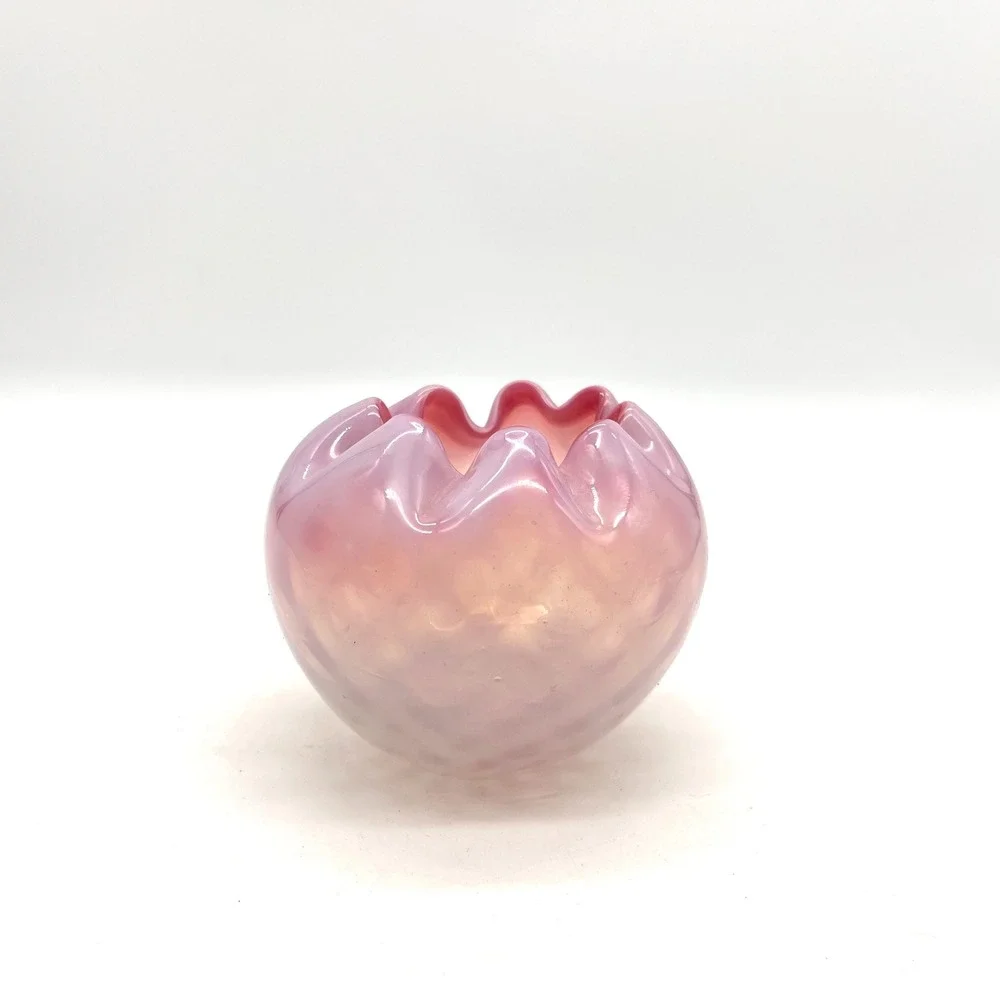 Vintage Pink Satin Glass Rose Bowl Diamond Quilted Crimped Rim Art Glass 3 inch